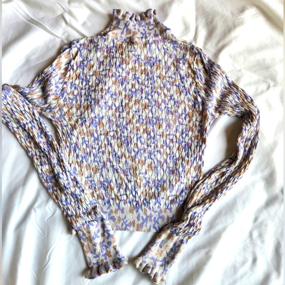 Zara Knit Top Metallic Floral Print Purple High Neck Sweater Size S